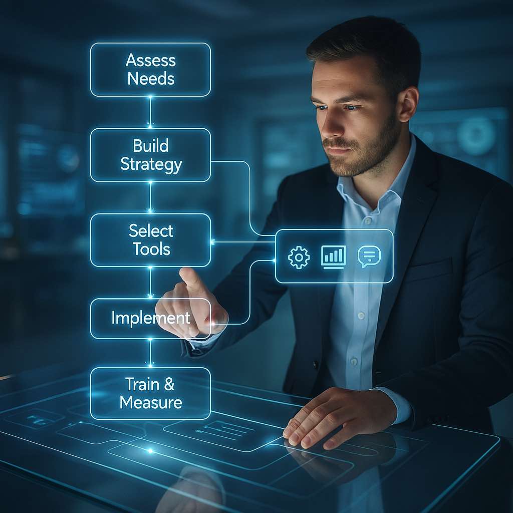 A business professional interacting with a glowing AI implementation flowchart labeled with steps like Assess Needs, Build Strategy, Select Tools, Implement, and Train & Measure — representing the key stages of adopting AI in business.