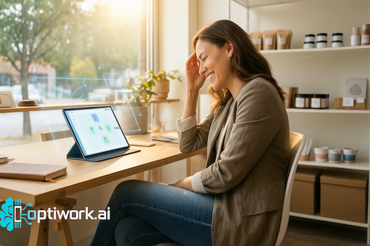 Small business owner smiling at her desk while using AI-powered workflow automation on a tablet, with a subtle holographic interface and the OptiWork.ai logo.