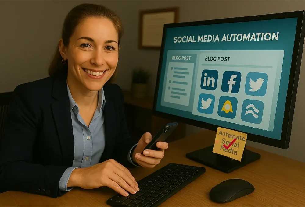 Business professional using AI solutions for business growth through content automation